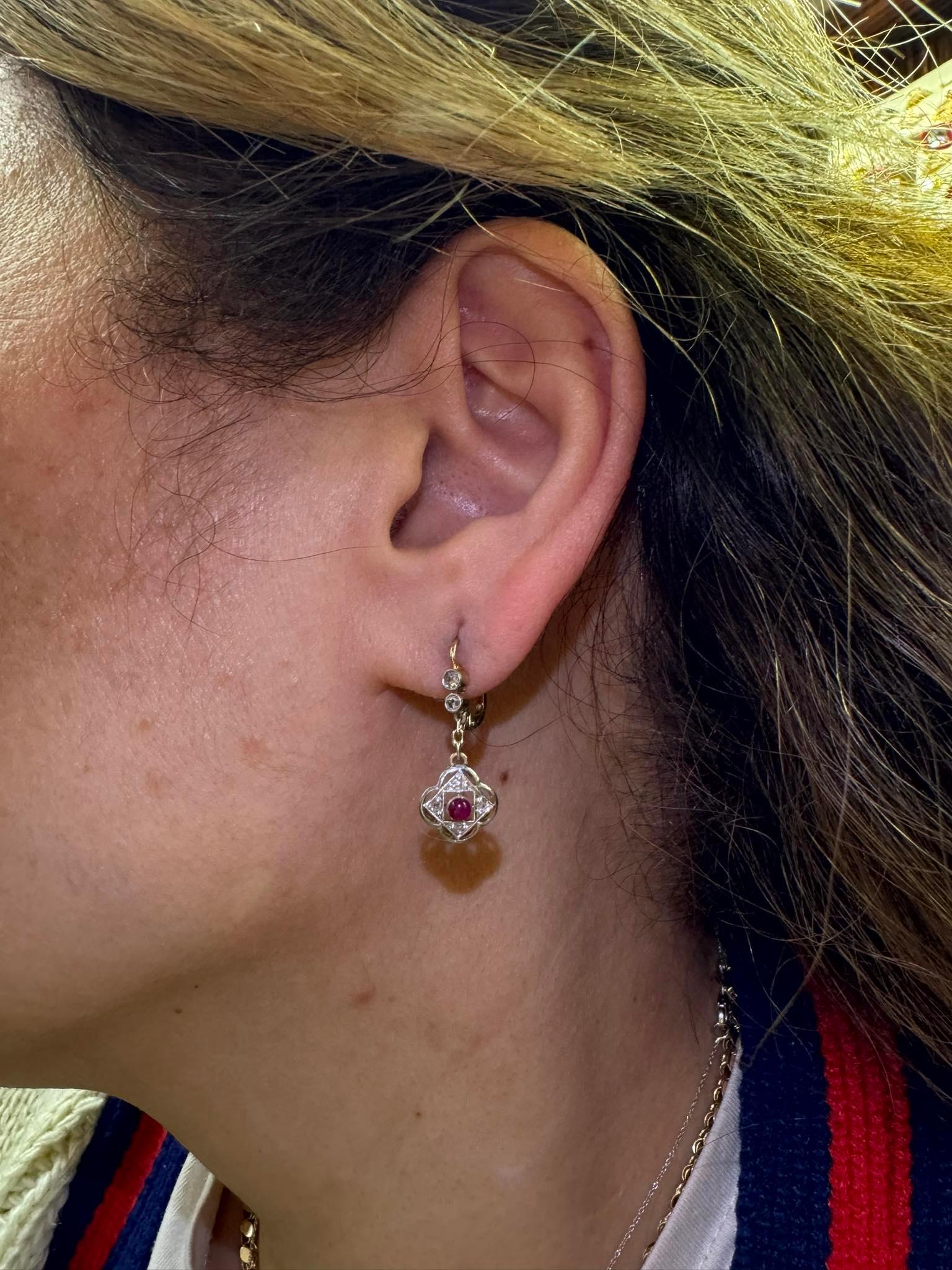 Antique Circa 1920s 18k Gold Natural Diamond And Ruby Decorated Drop Earring 7