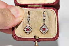 Antique Circa 1920s 18k Gold Natural Diamond And Ruby Decorated Drop Earring
