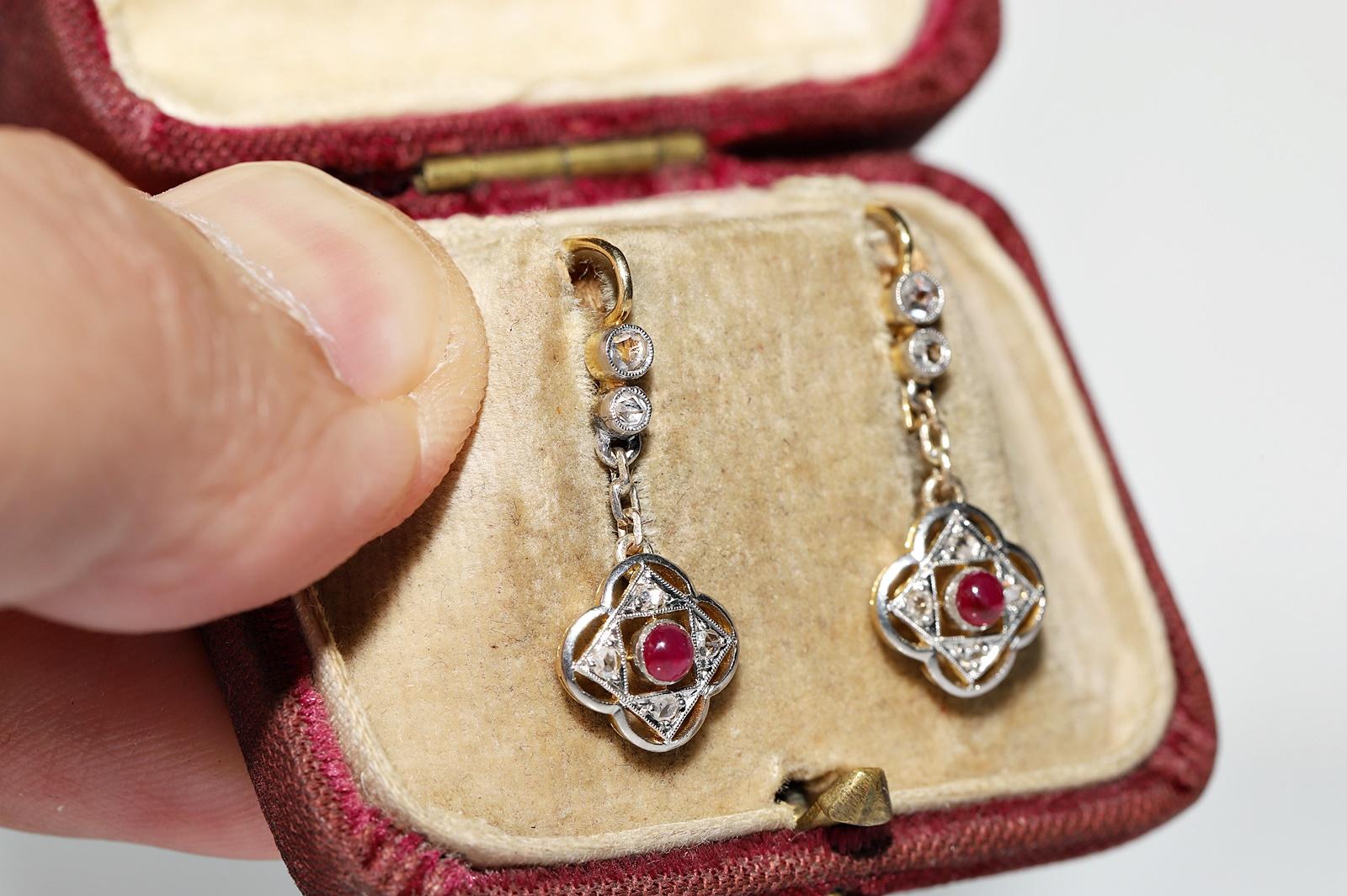 Art Deco Antique Circa 1920s 18k Gold Natural Diamond And Ruby Decorated Drop Earring