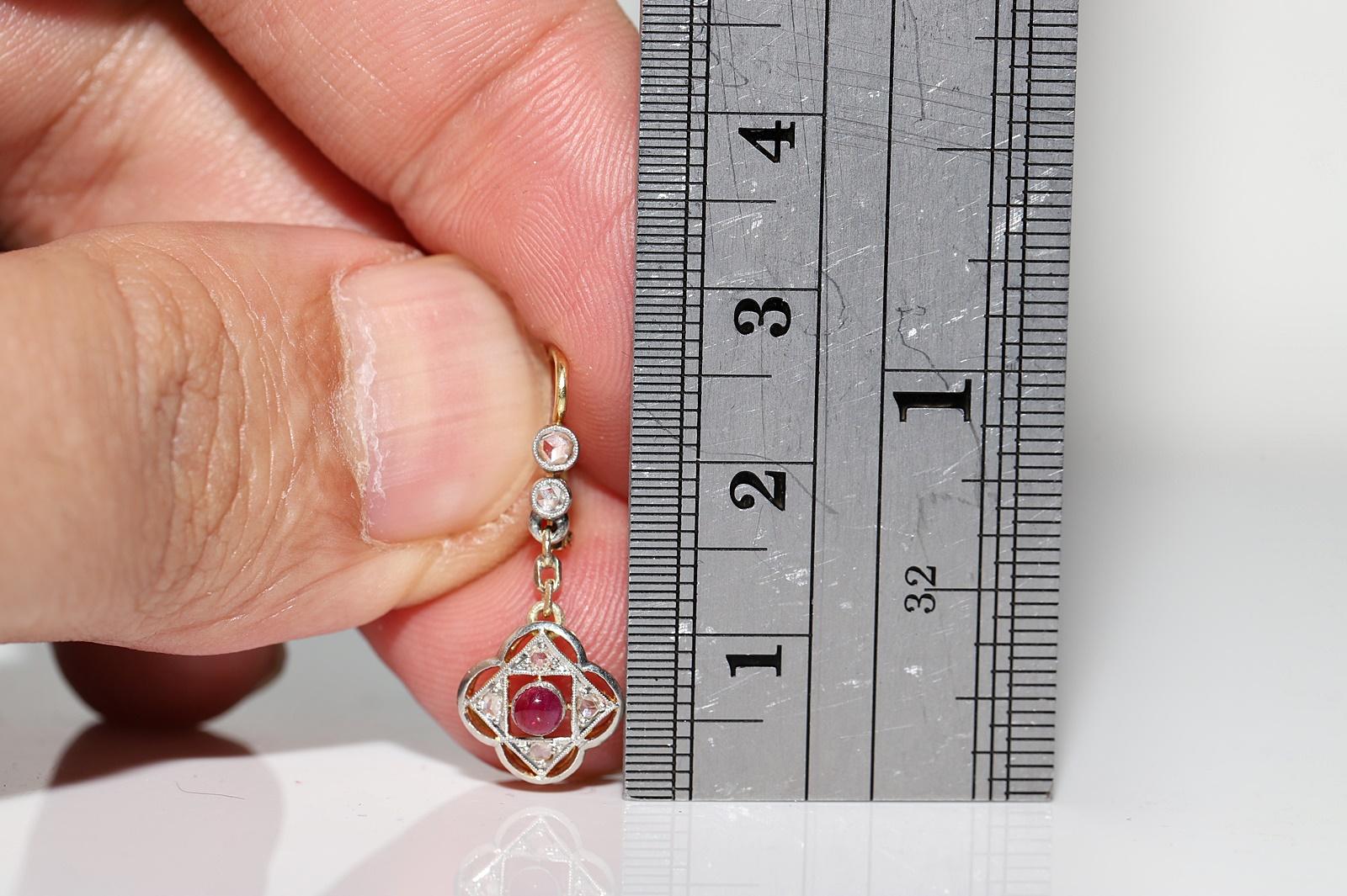 Rose Cut Antique Circa 1920s 18k Gold Natural Diamond And Ruby Decorated Drop Earring