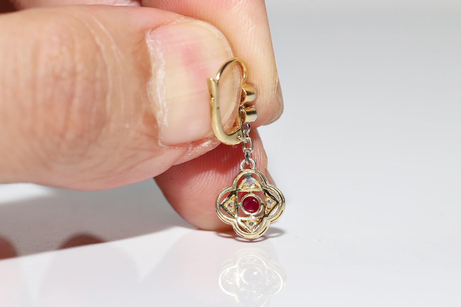 Antique Circa 1920s 18k Gold Natural Diamond And Ruby Decorated Drop Earring 3