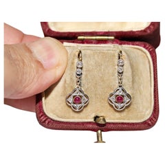 Antique Circa 1920s 18k Gold Natural Diamond And Ruby Decorated Drop Earring