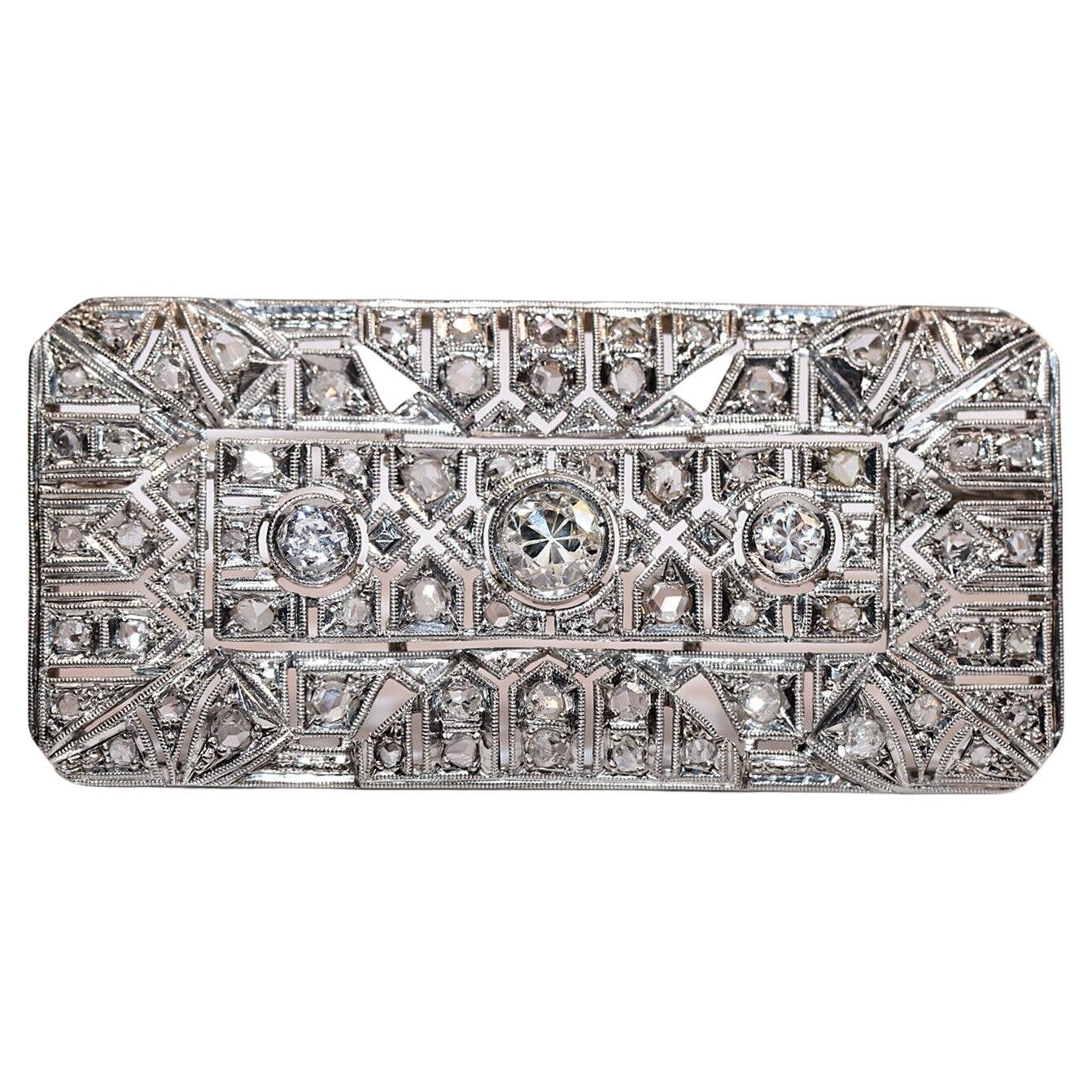 Antique Circa 1920s Art Deco 18k Gold Natural Diamond Decorated Brooch