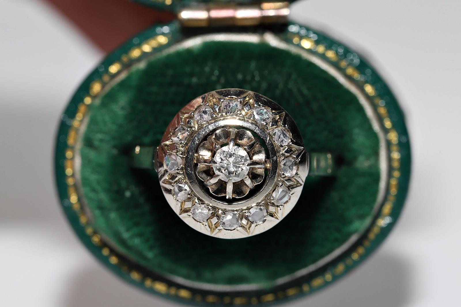 In very good condition.
Total weight is 3.9 grams.
Totally is main brilliant cut diamond 0.10 ct.
Totally is side rose cut diamond 0.25 ct.
The diamond is has H-I-J color and s1-s2-s3 clarity.
Ring size is US 7 (We offer free resizing)
We can make
