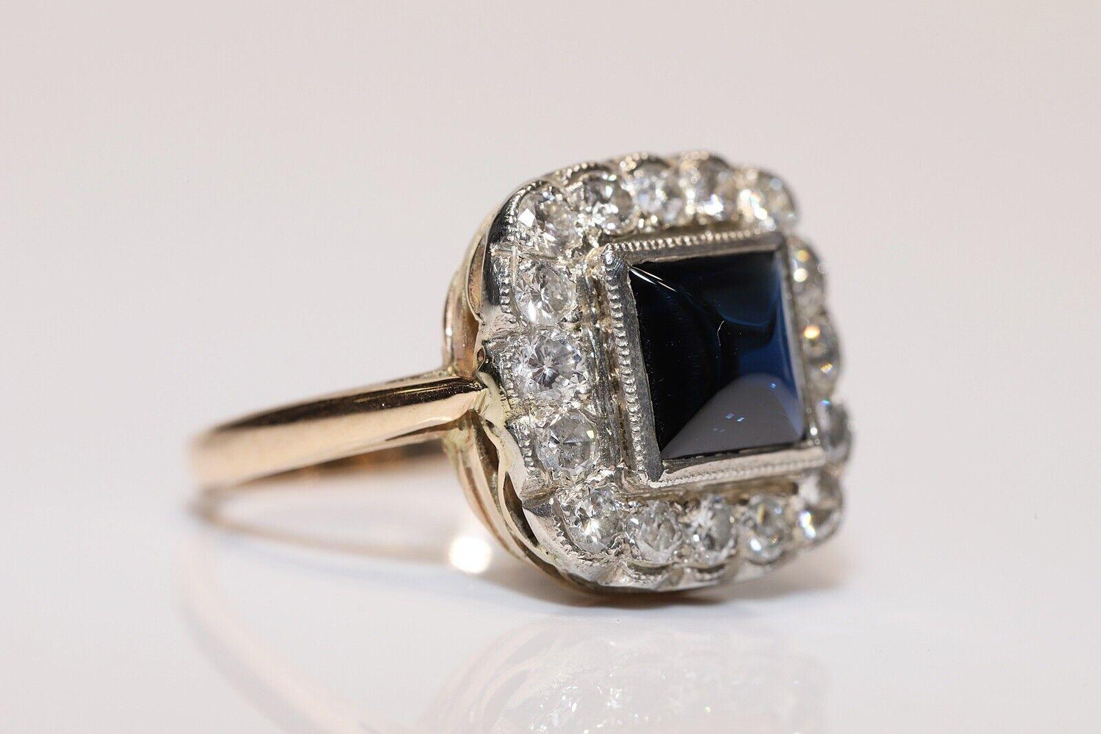 Brilliant Cut Antique Circa 1920s Art Deco 14k Gold Natural Diamond And Cabochon Sapphire Ring For Sale