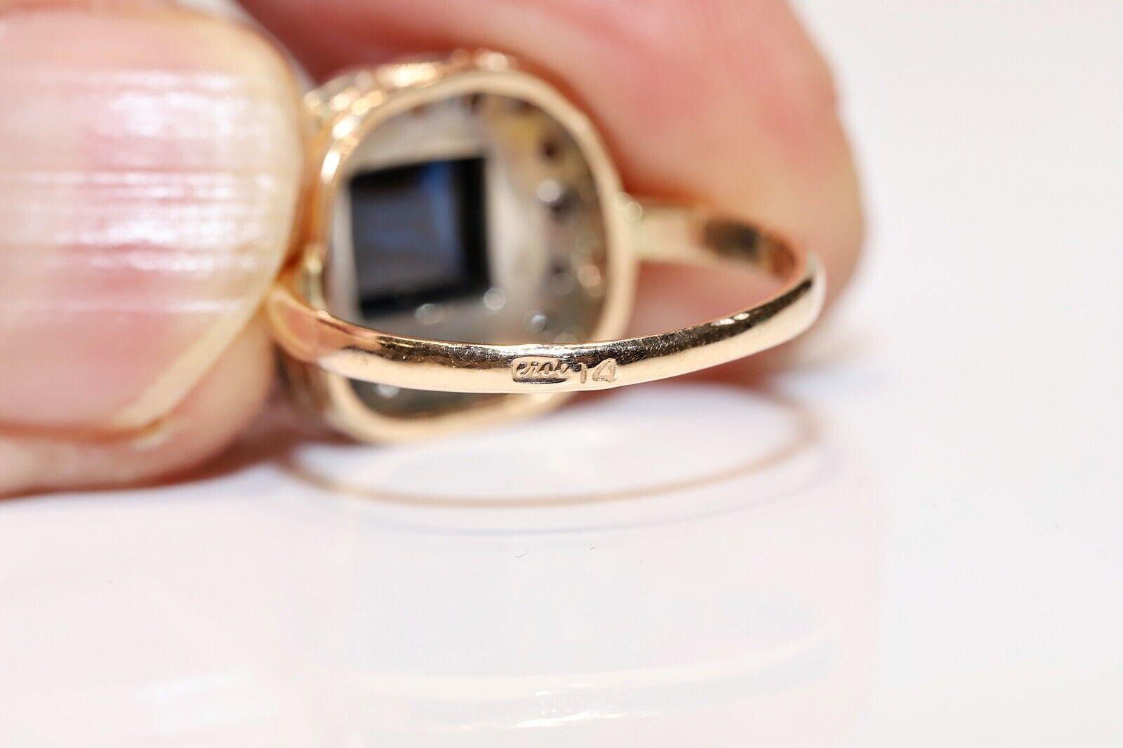 Antiker Art Deco 14k Gold Ring mit natürlichem Diamant und Cabochon-Saphir, ca. 1920er Jahre Damen im Angebot
