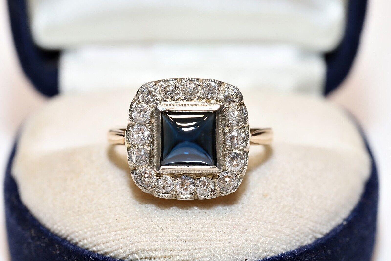 Antique Circa 1920s Art Deco 14k Gold Natural Diamond And Cabochon Sapphire Ring For Sale 2