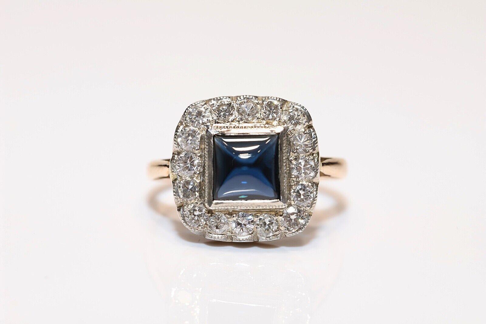 Antique Circa 1920s Art Deco 14k Gold Natural Diamond And Cabochon Sapphire Ring For Sale 4