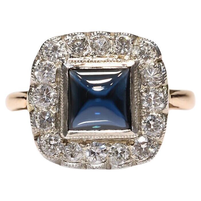 Antique Circa 1920s Art Deco 14k Gold Natural Diamond And Cabochon Sapphire Ring For Sale