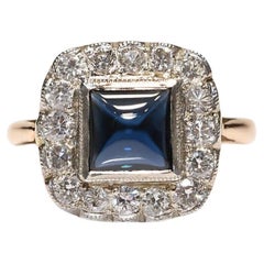 Antique Circa 1920s Art Deco 14k Gold Natural Diamond And Cabochon Sapphire Ring
