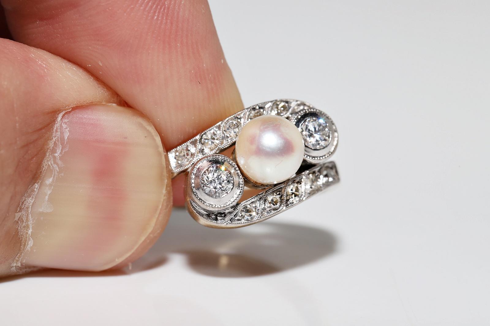 Antique Circa 1920s Art Deco 14k Gold Natural Diamond And Pearl Ring For Sale 5