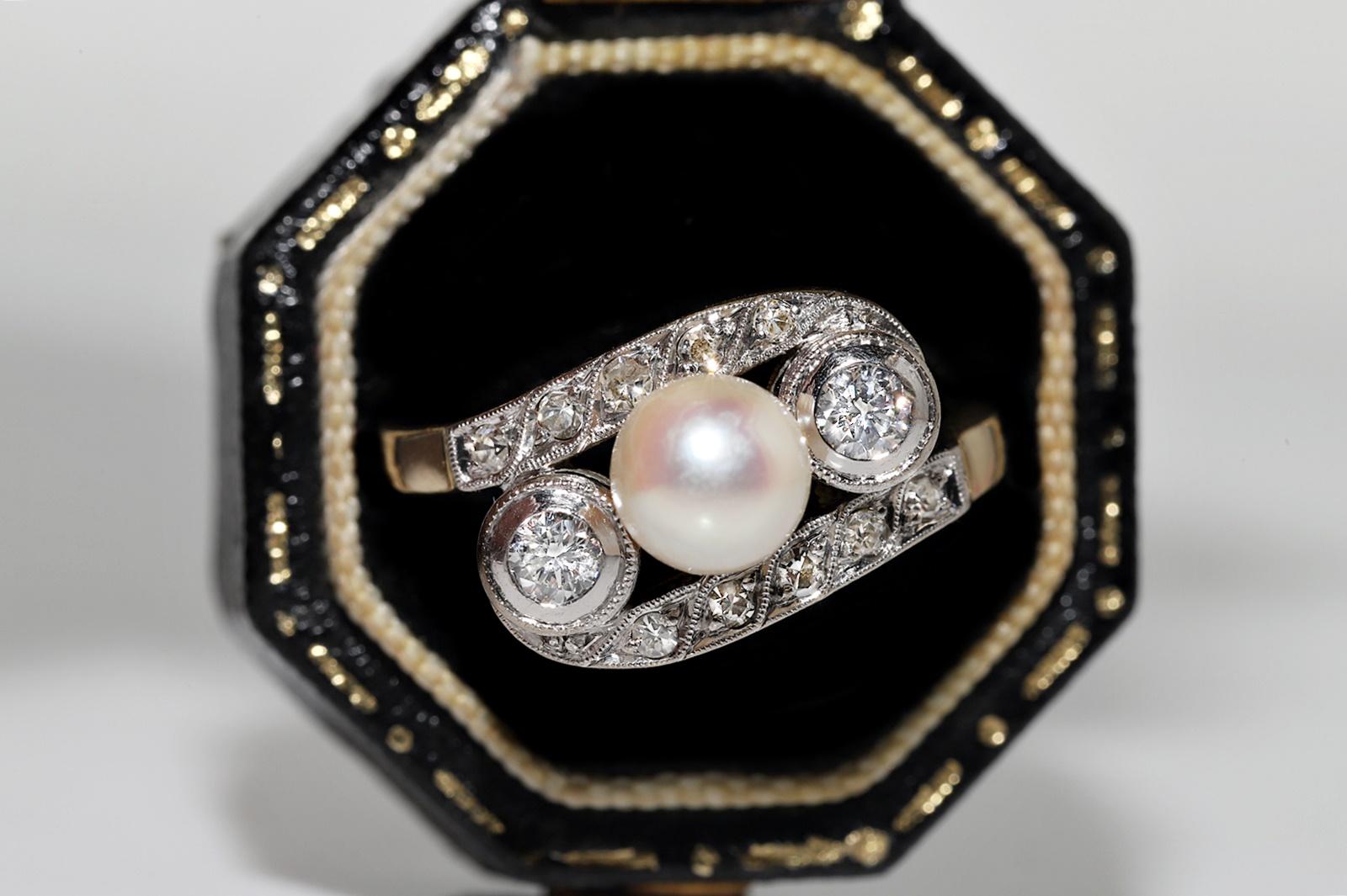 Brilliant Cut Antique Circa 1920s Art Deco 14k Gold Natural Diamond And Pearl Ring For Sale