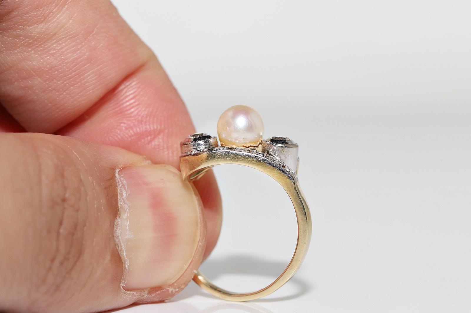 Antique Circa 1920s Art Deco 14k Gold Natural Diamond And Pearl Ring For Sale 2