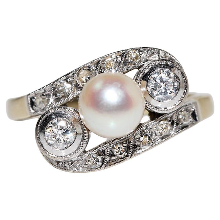 Antique Circa 1920s Art Deco 14k Gold Natural Diamond And Pearl Ring