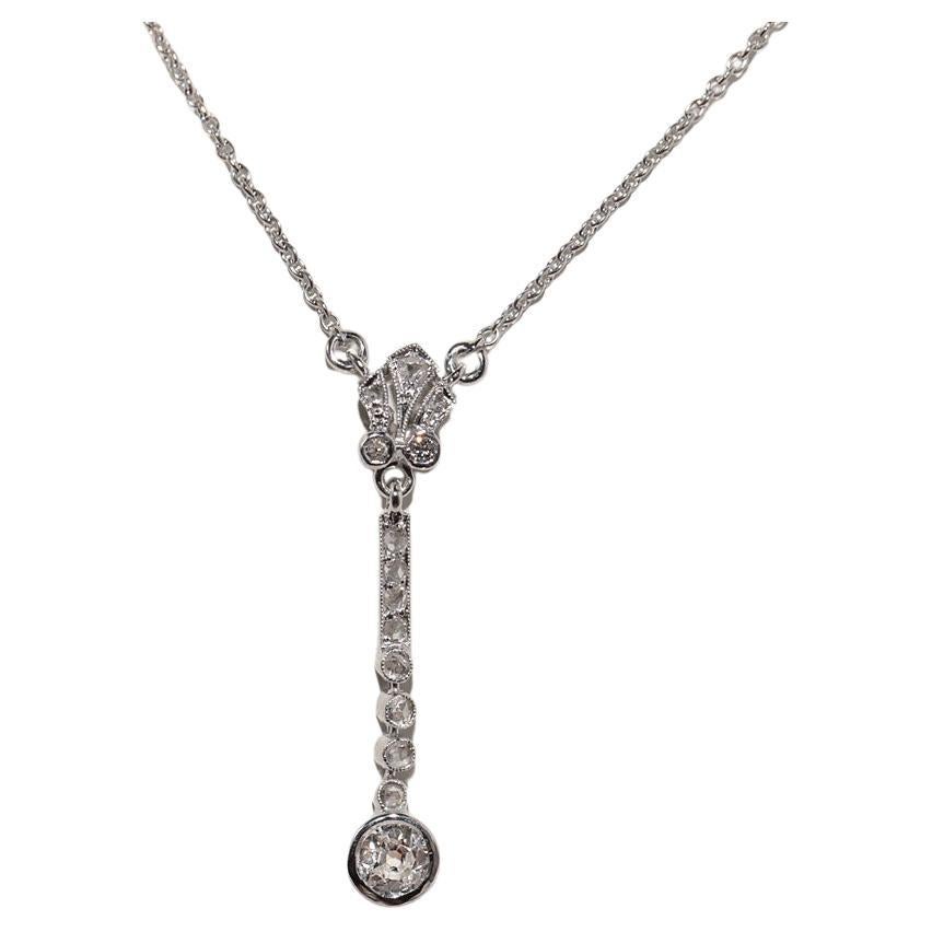 Antique Circa 1920s Art Deco 14k Gold Natural Diamond Decorated Pendant Necklace For Sale
