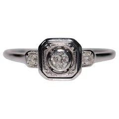 Anello quadrato decorato con diamanti naturali in oro 14k, antico circa 1920, Art Decor