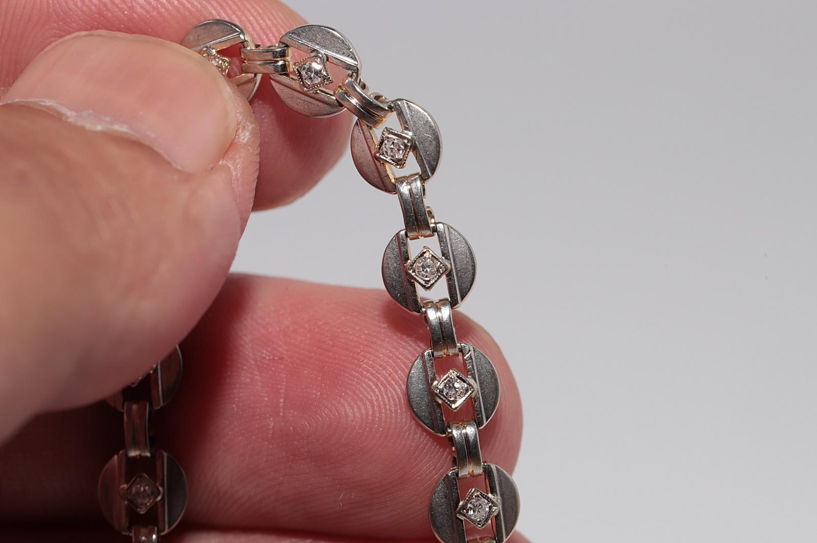 Antique Circa 1920s Art Deco 14k Gold Natural Diamond Decorated Tennis Bracelet For Sale 9