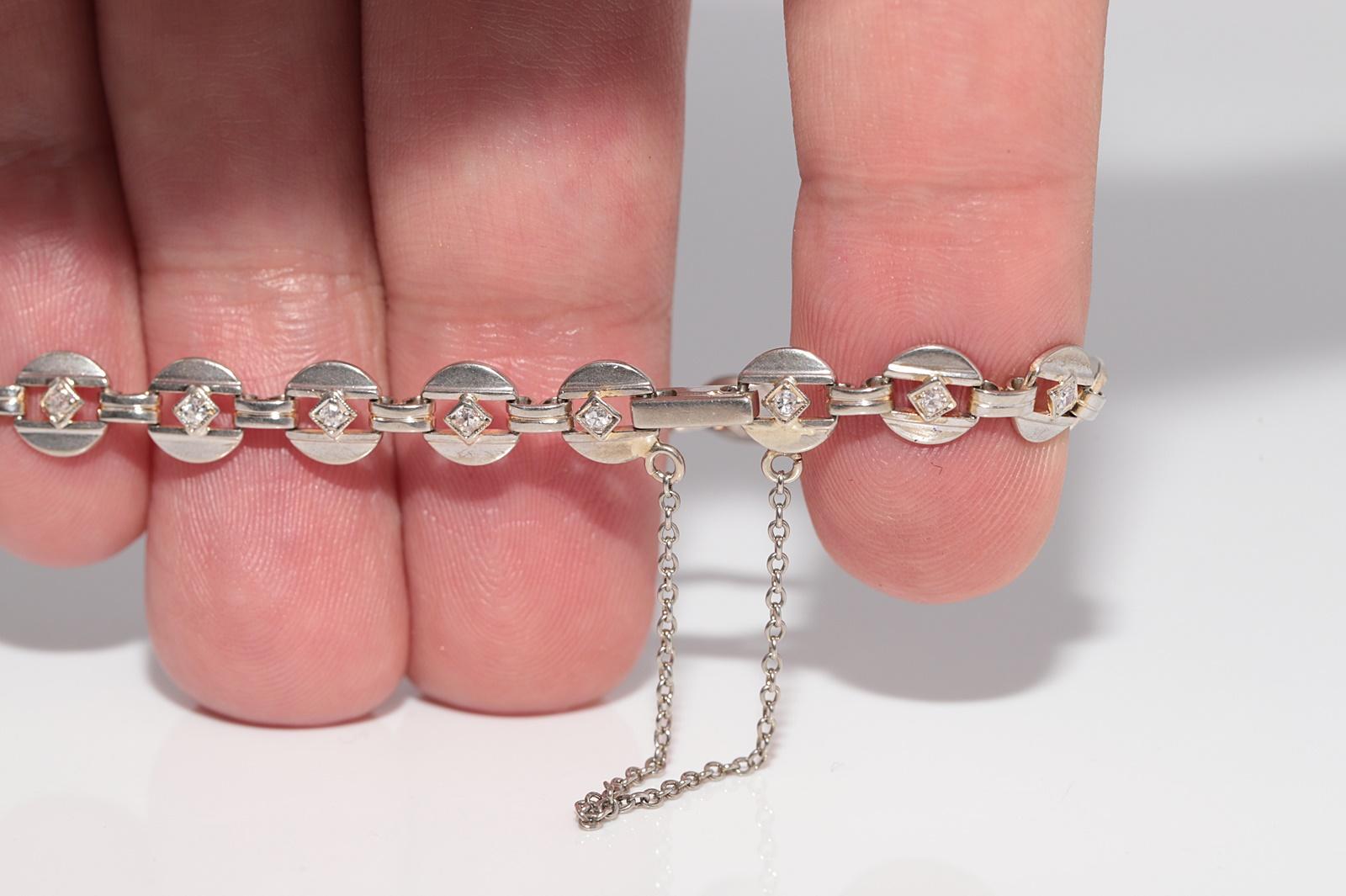 Antique Circa 1920s Art Deco 14k Gold Natural Diamond Decorated Tennis Bracelet For Sale 14