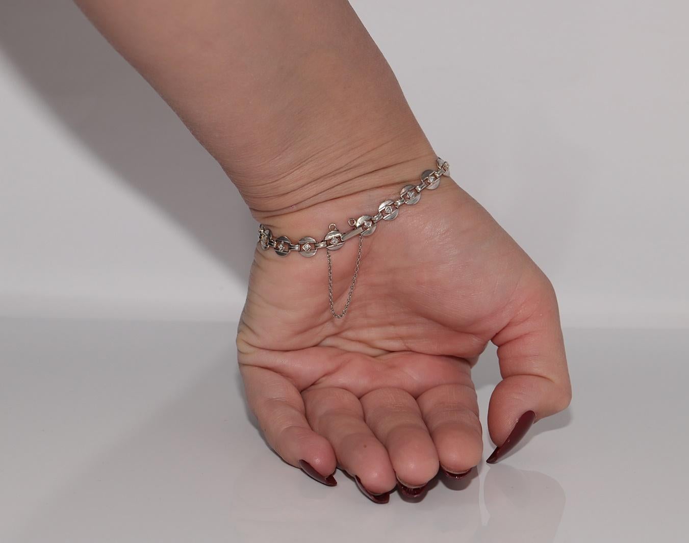 Antique Circa 1920s Art Deco 14k Gold Natural Diamond Decorated Tennis Bracelet For Sale 2