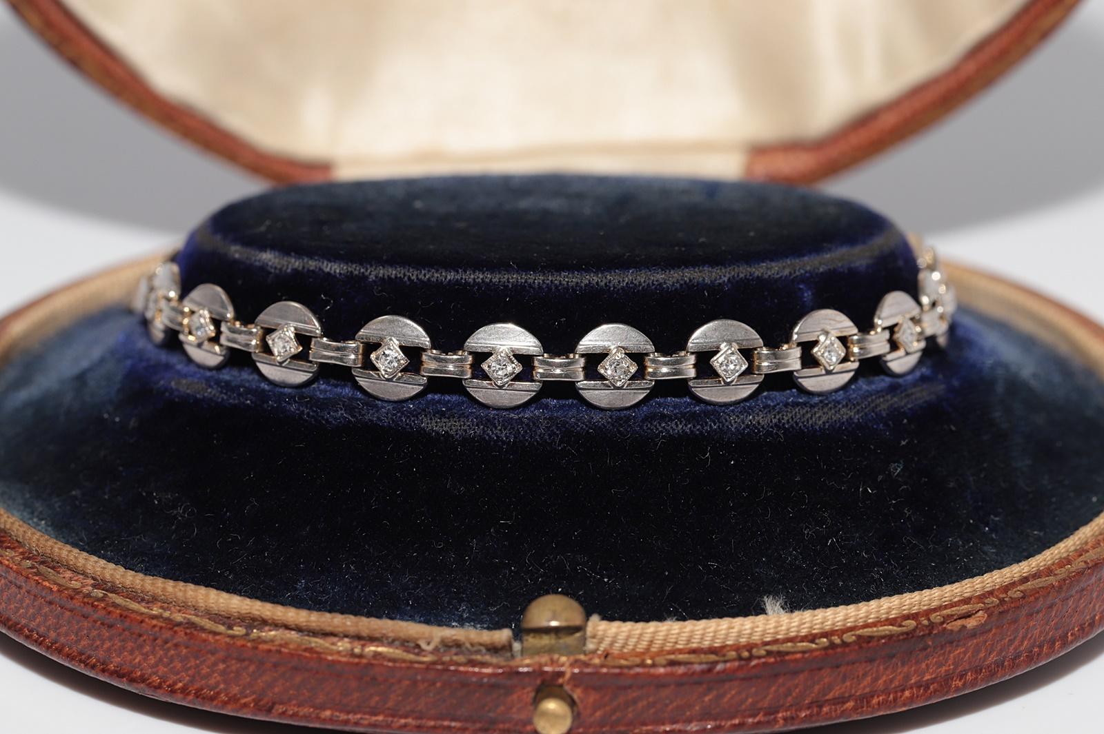 Antique Circa 1920s Art Deco 14k Gold Natural Diamond Decorated Tennis Bracelet For Sale 3