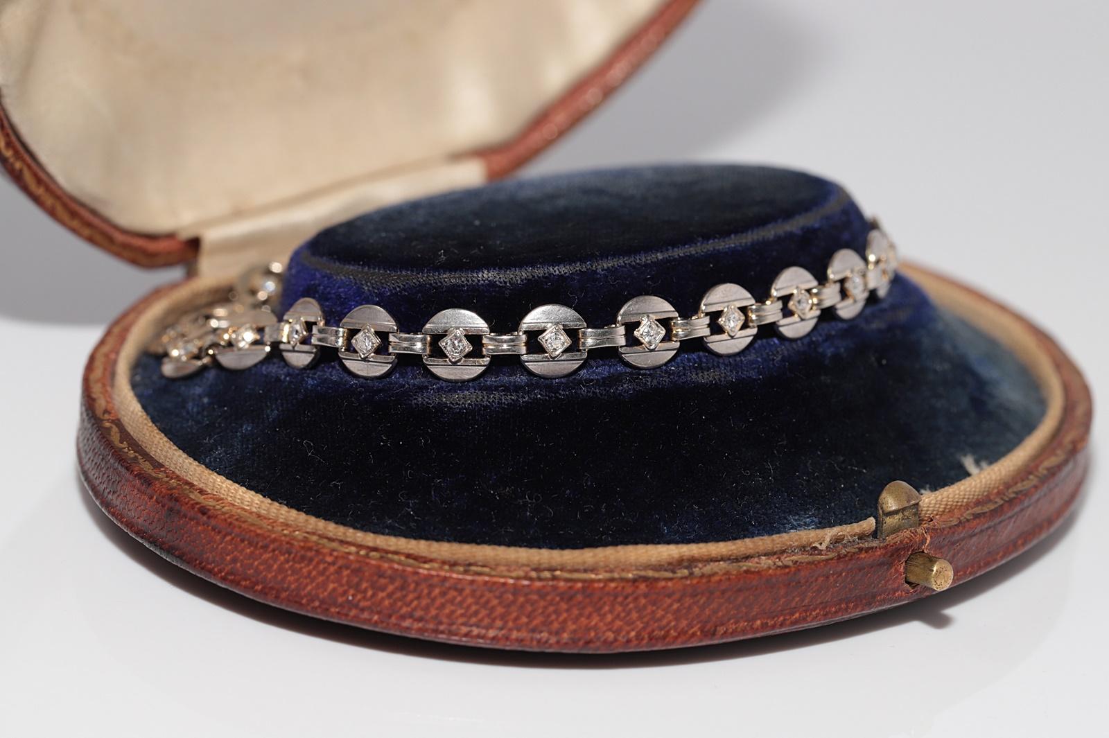 Antique Circa 1920s Art Deco 14k Gold Natural Diamond Decorated Tennis Bracelet For Sale 4