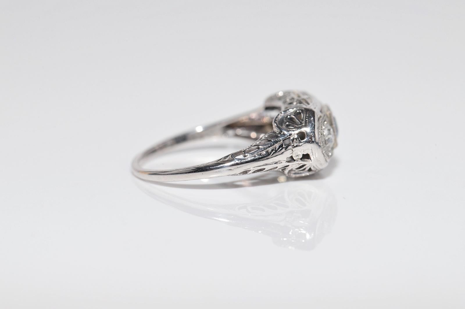 Antique Circa 1920s Art Deco Or 18k Diamant Naturel et Bague Aqua Marine en vente 4