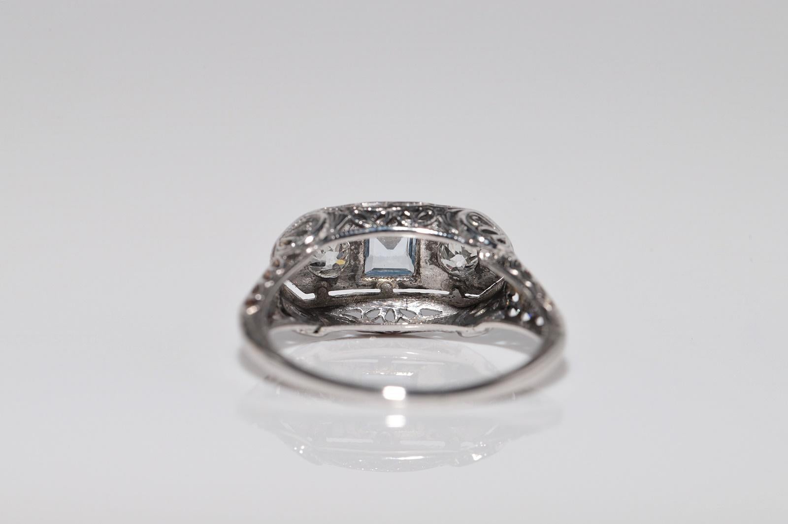 Antique Circa 1920s Art Deco Or 18k Diamant Naturel et Bague Aqua Marine en vente 6