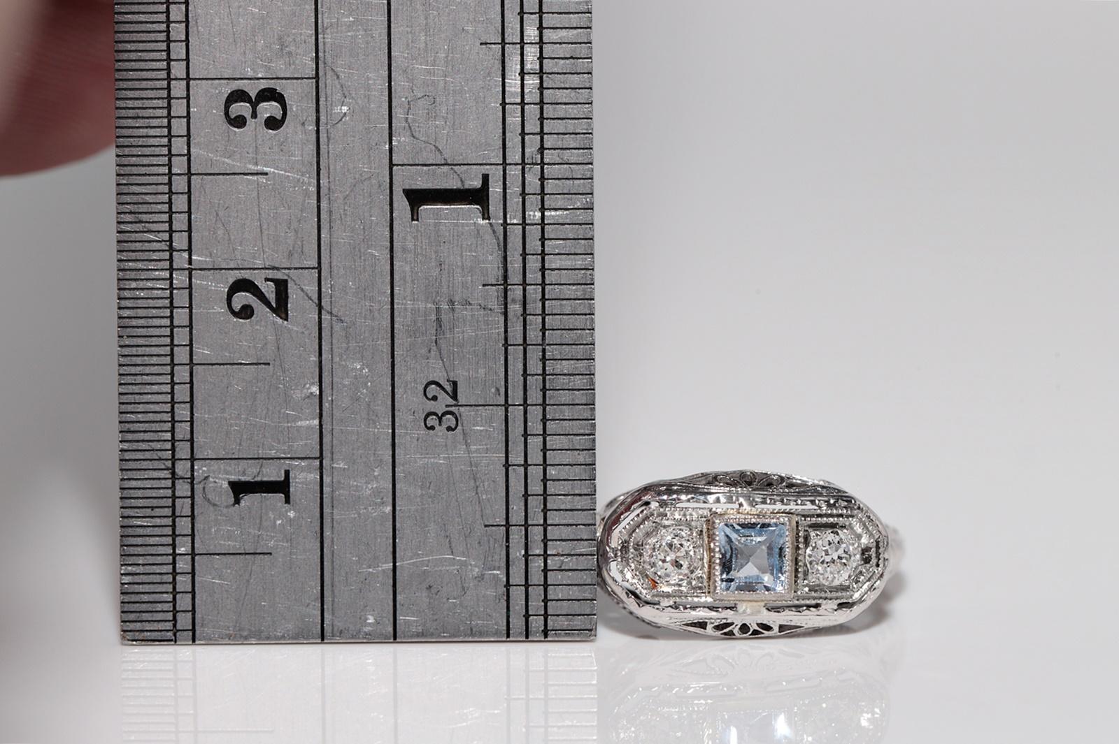 Antique Circa 1920s Art Deco Or 18k Diamant Naturel et Bague Aqua Marine en vente 9