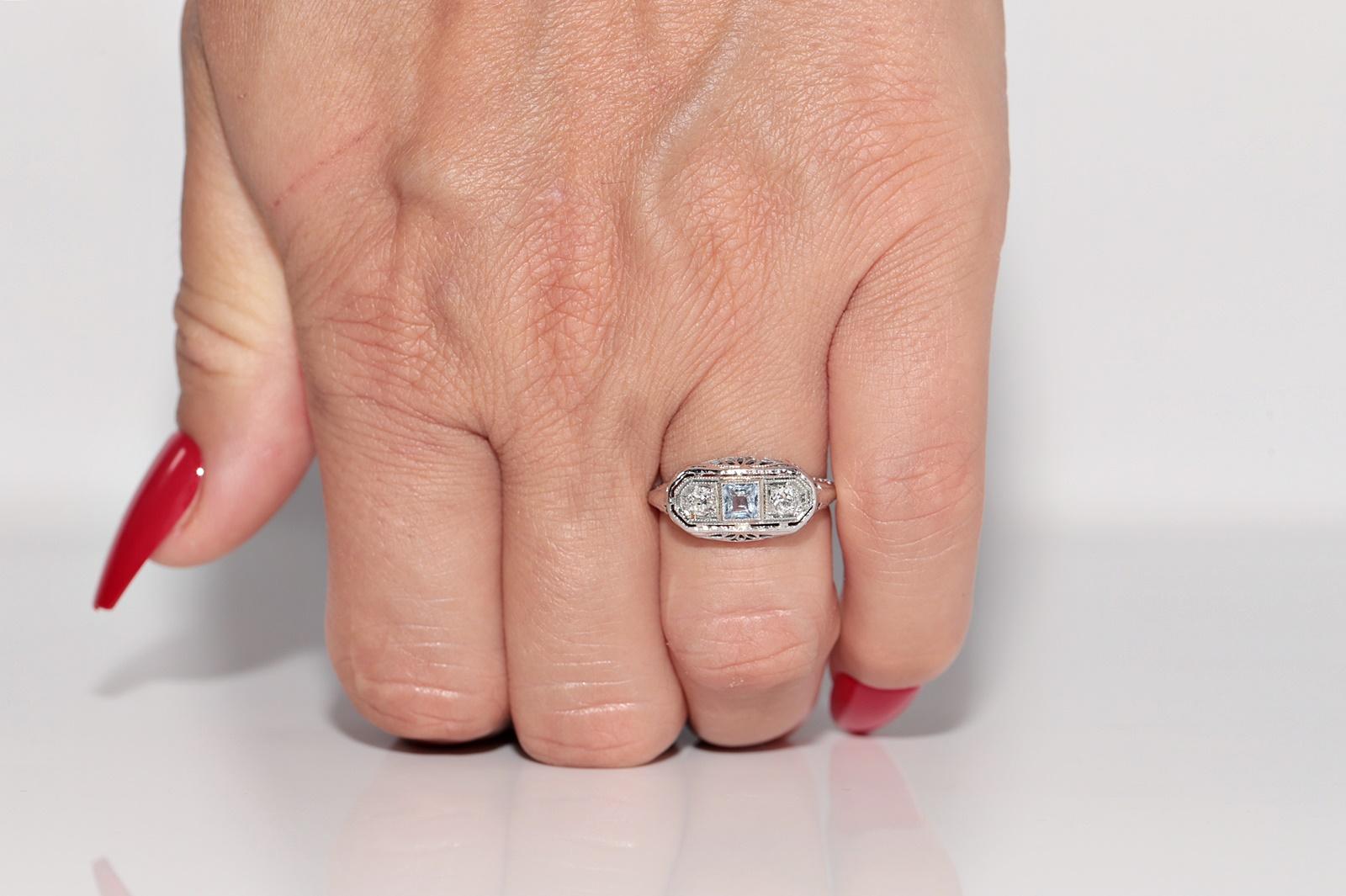 Art Déco Anello in oro 18k con diamanti naturali e Aqua Marin, antico, degli anni '20 circa, Art Deco in vendita