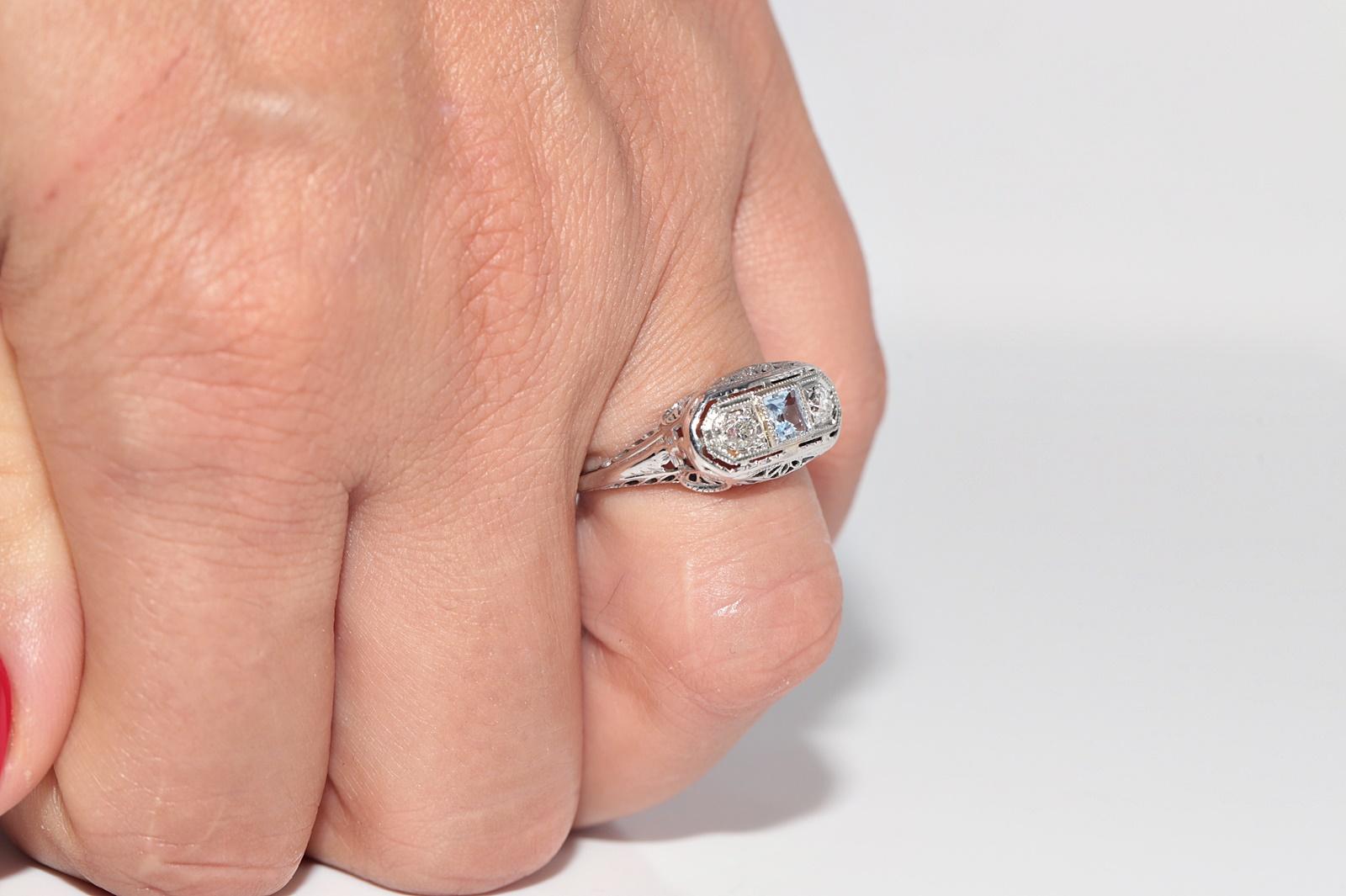 Antique Circa 1920s Art Deco Or 18k Diamant Naturel et Bague Aqua Marine Bon état - En vente à Fatih/İstanbul, 34