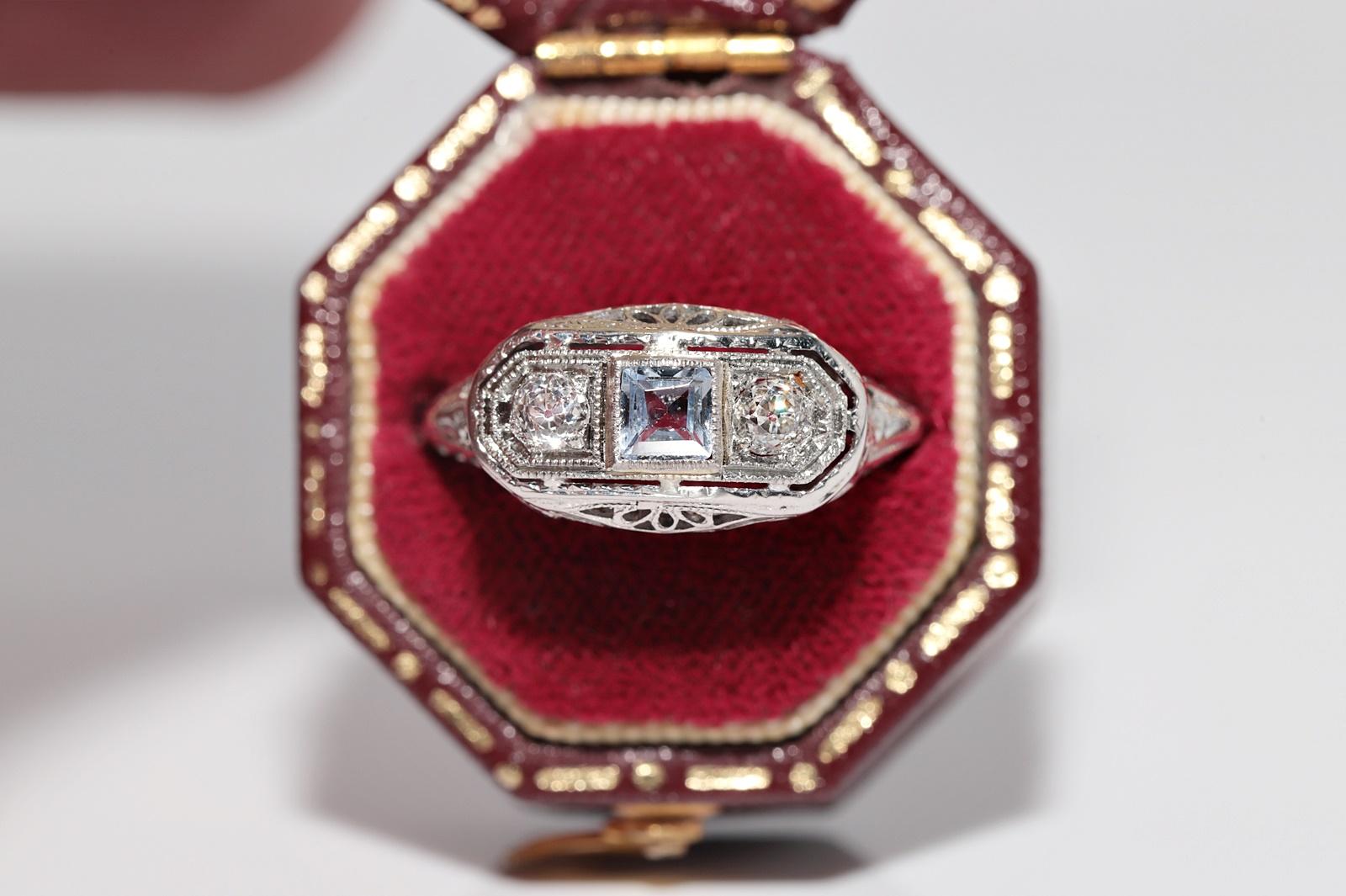 Donna Anello in oro 18k con diamanti naturali e Aqua Marin, antico, degli anni '20 circa, Art Deco in vendita