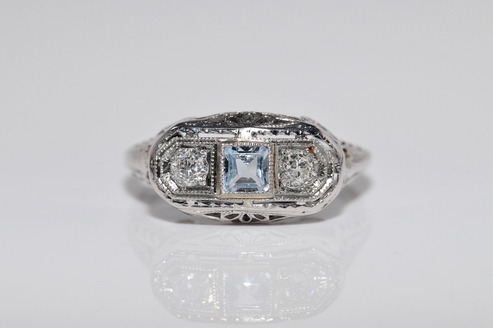 Antique Circa 1920s Art Deco Or 18k Diamant Naturel et Bague Aqua Marine en vente 2