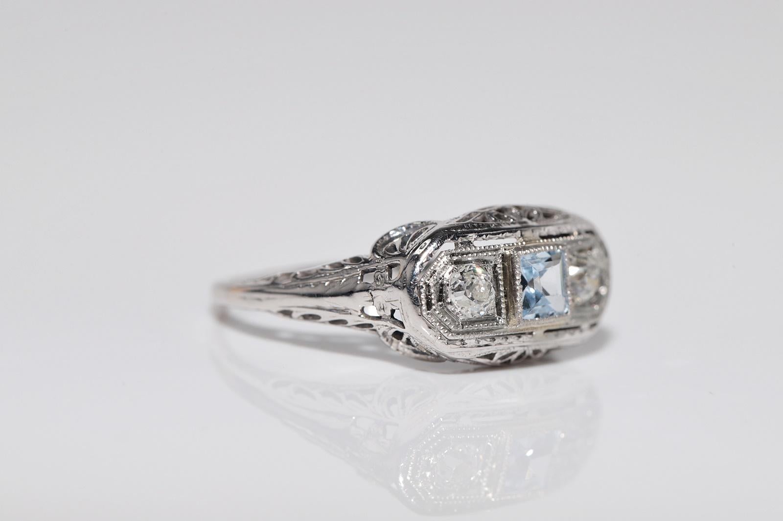 Antique Circa 1920s Art Deco Or 18k Diamant Naturel et Bague Aqua Marine en vente 3