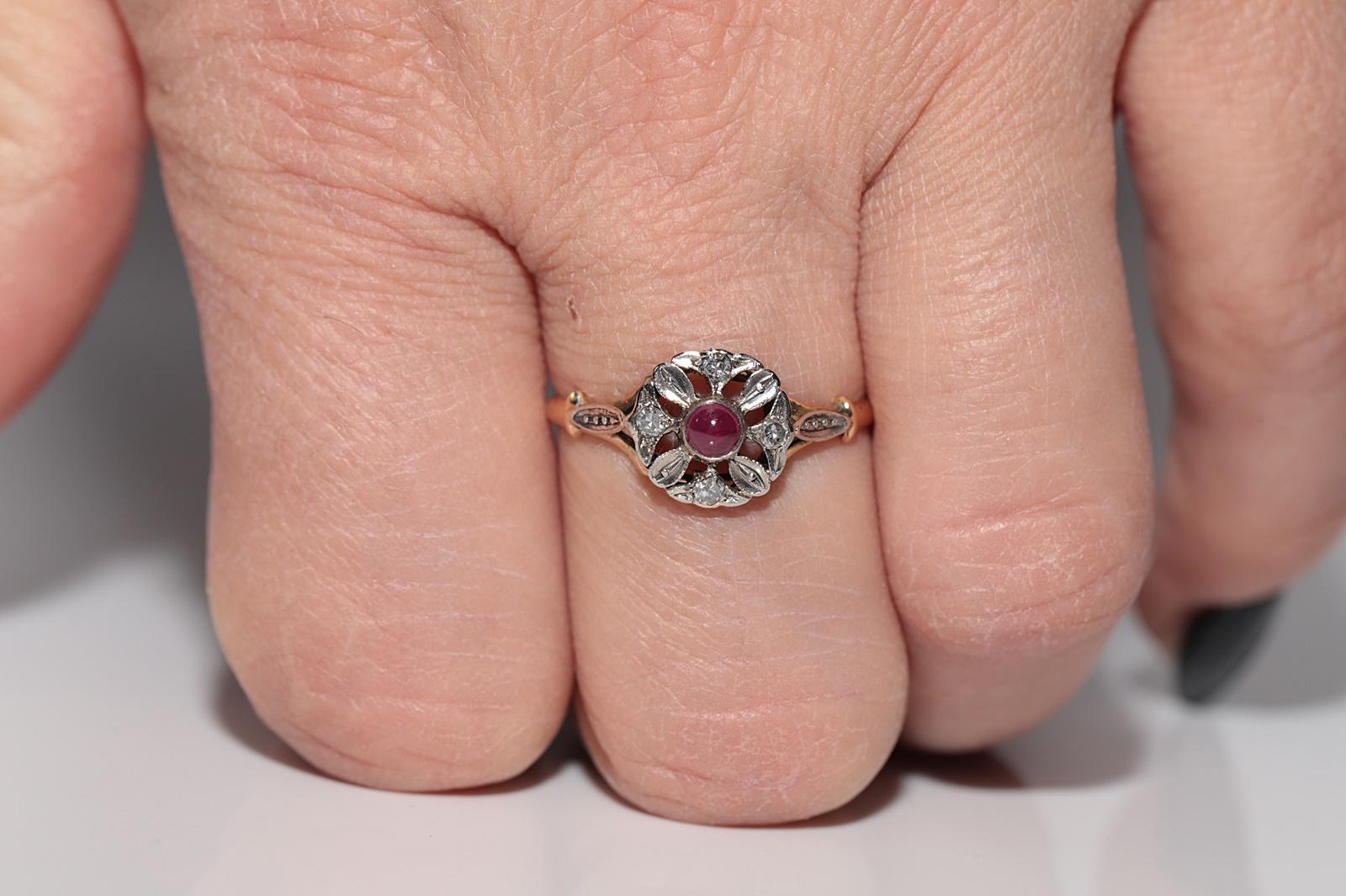 Bague Art déco ancienne des années 1920 en or 18 carats avec diamant naturel et rubis cabochon Bon état - En vente à Fatih/İstanbul, 34