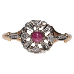 Antique Circa 1920s Art Deco 18k Gold Natural Diamond And Cabochon Ruby Ring