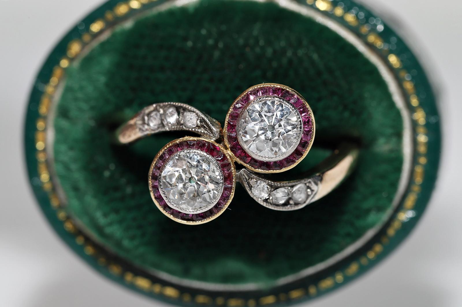 In very good condition.
Total weight 2.9 grams.
Totally is main diamond 0.75 ct.
Totally is side rose cut diamond 0.12 ct.
The diamond is has G color and vvs-vs-s1 clarity.
Totally is caliber cut ruby 0.75 ct.
Ring size is US 6 (We can make any