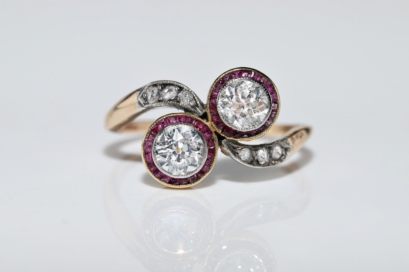 Old European Cut Antique Circa 1920s Art Deco 18k Gold Natural Diamond And Caliber Ruby Ring For Sale