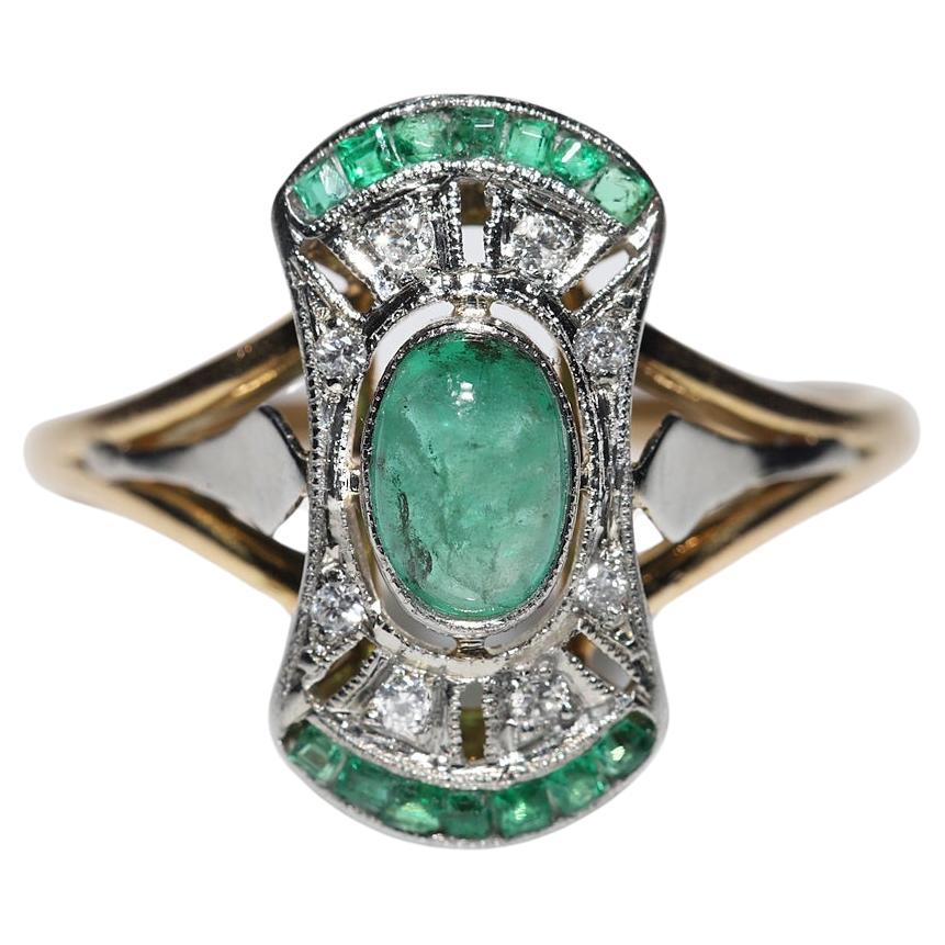 Antique Circa 1920s Art Deco 18k Gold Natural Diamond And Emerald Decorated Ring