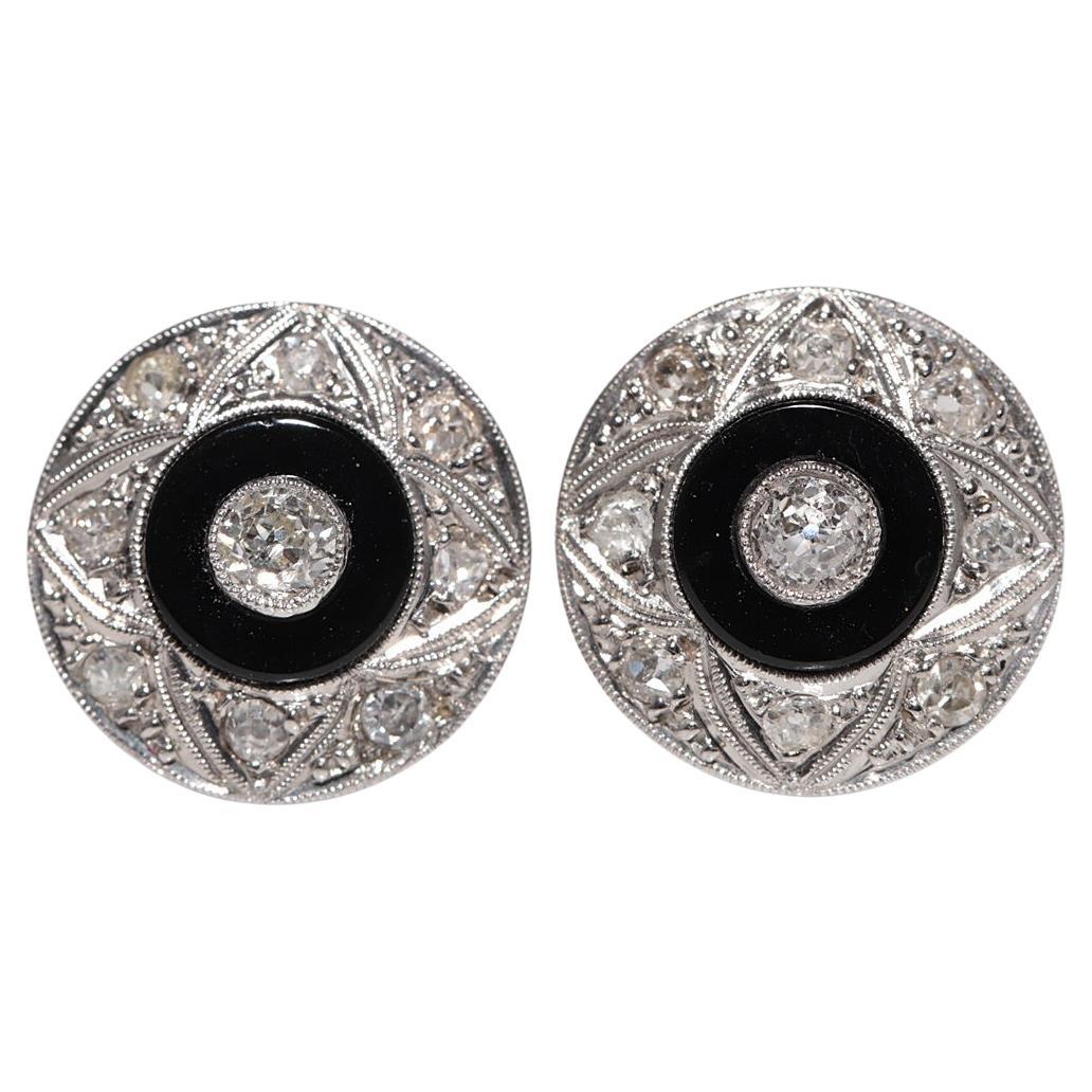 Antique Circa 1920s Art Deco 18k Gold Natural Diamond And Onyx Stud Earring For Sale