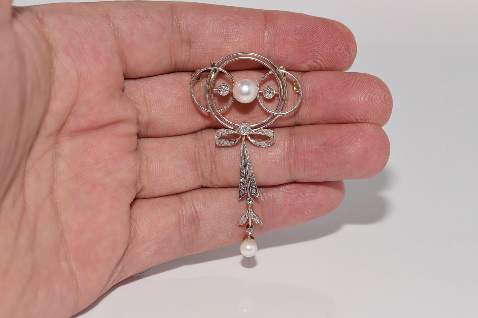 Taille vieille mine Pendentif broche en or 18k, diamant naturel et perle, circa 1920, anciennement Art Deco en vente