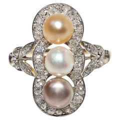 Antique Circa 1920s Art Deco 18k Gold Natural Diamond And Pearl Navette Ring