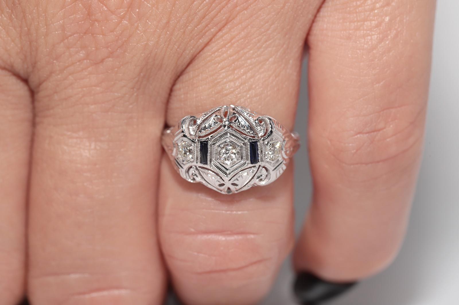 Taille brillant Bague ancienne en or 18k Circa 1920 Art Deco Diamant naturel et saphir en vente