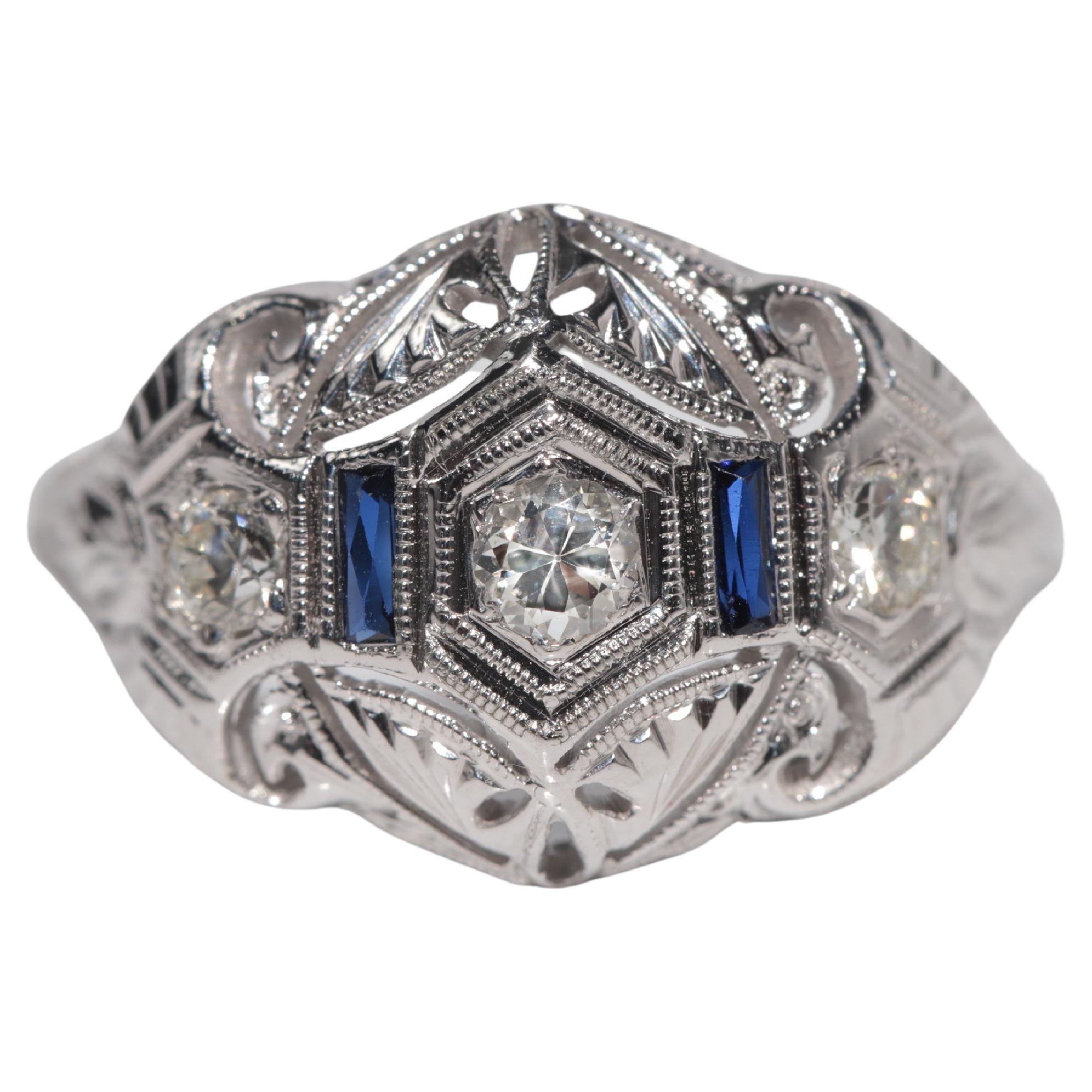 Antique Circa 1920s Art Deco 18k Gold Natural Diamond And Sapphire Ring