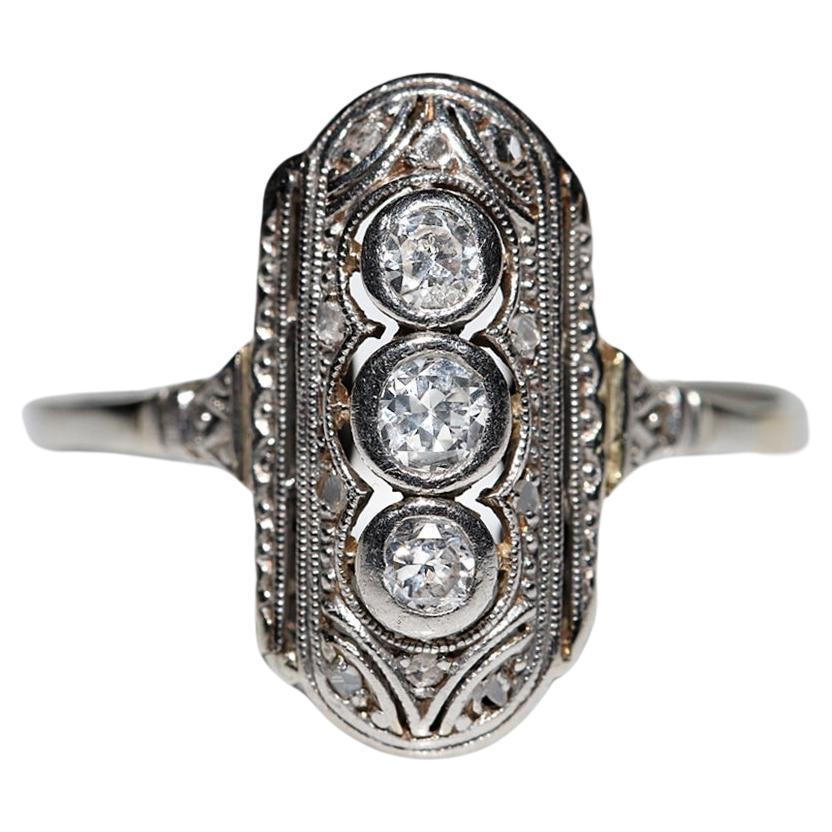 Antique Circa 1920s Art Deco 18k Gold Natural Diamond Decorated Navette Ring