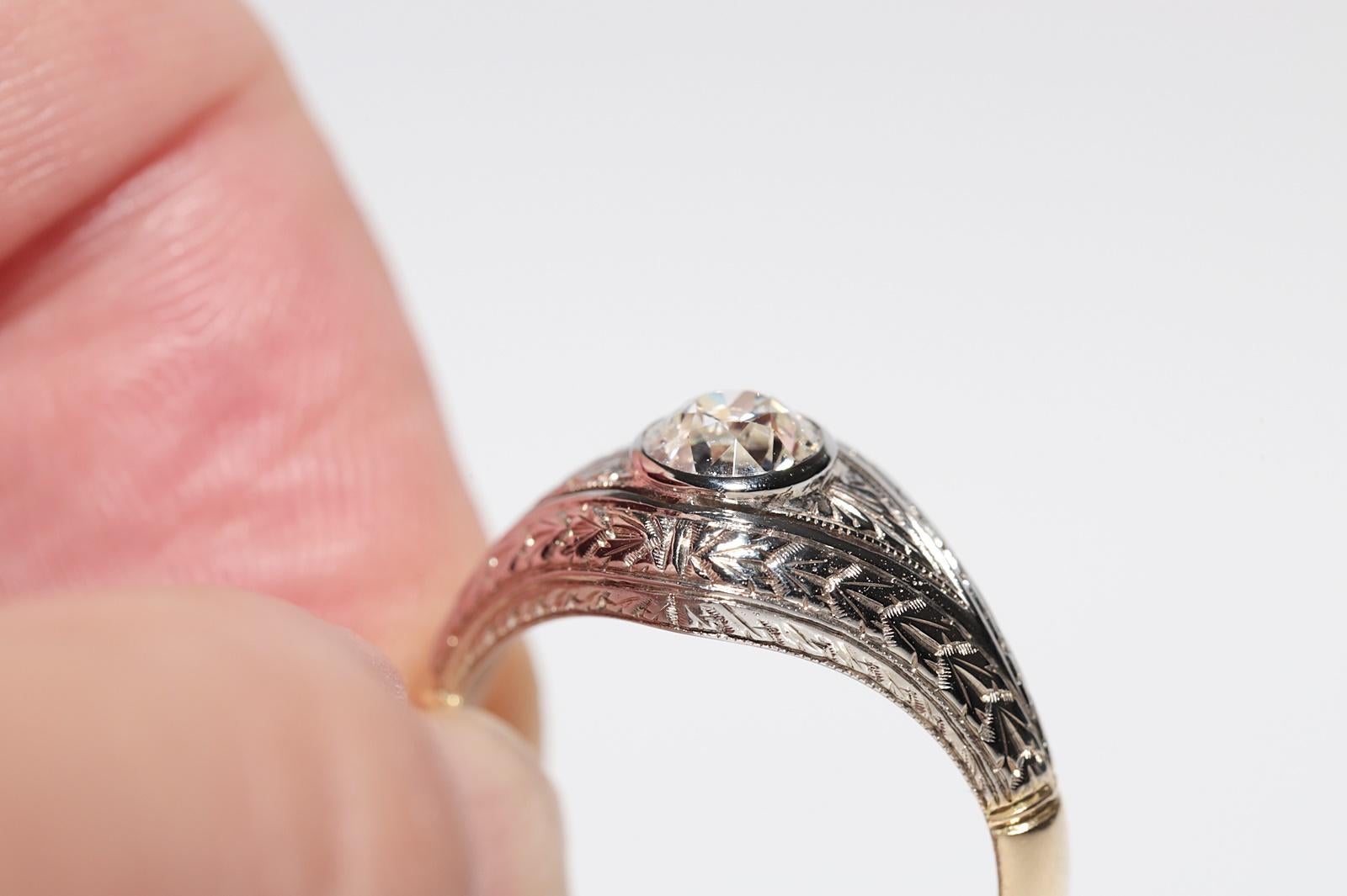 Antico anello solitario con diamante naturale decorato in oro 18k, CIRCA 1920, Art Decor in vendita 5