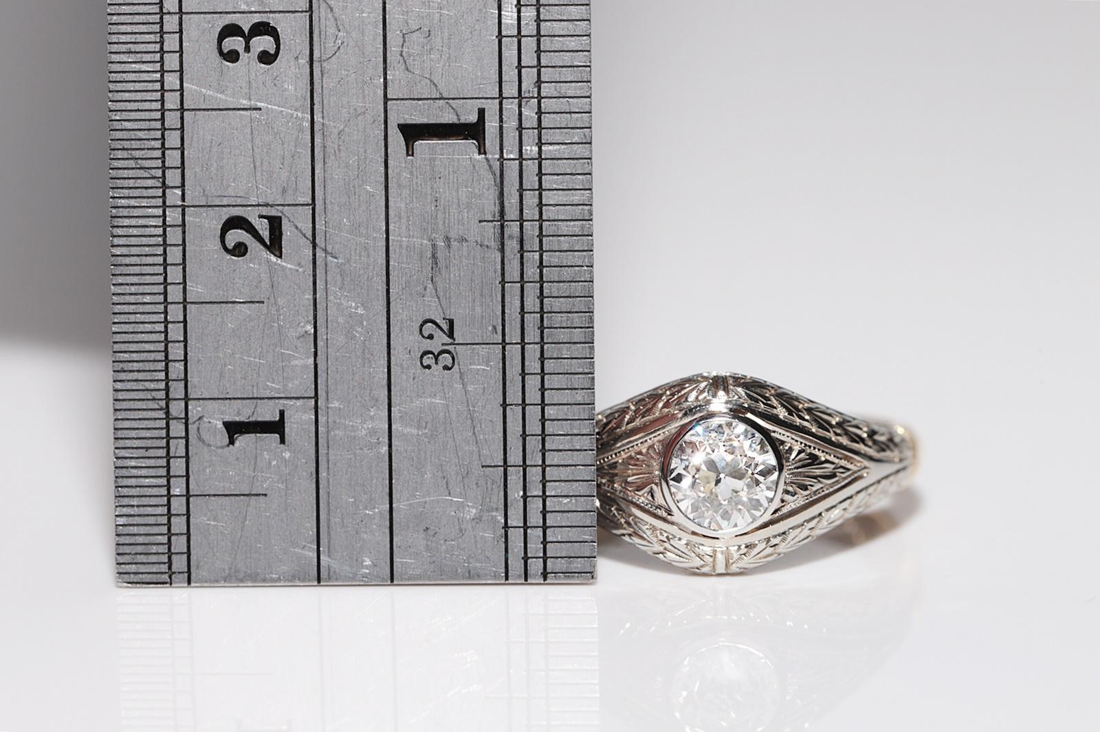 Antico anello solitario con diamante naturale decorato in oro 18k, CIRCA 1920, Art Decor in vendita 8
