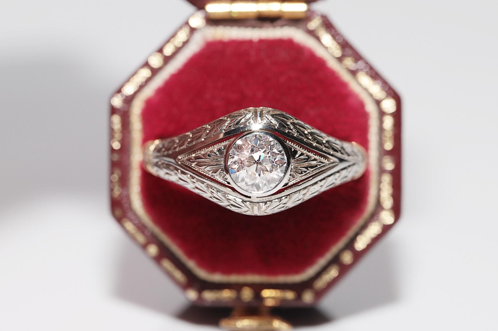 Antico anello solitario con diamante naturale decorato in oro 18k, CIRCA 1920, Art Decor in vendita 12