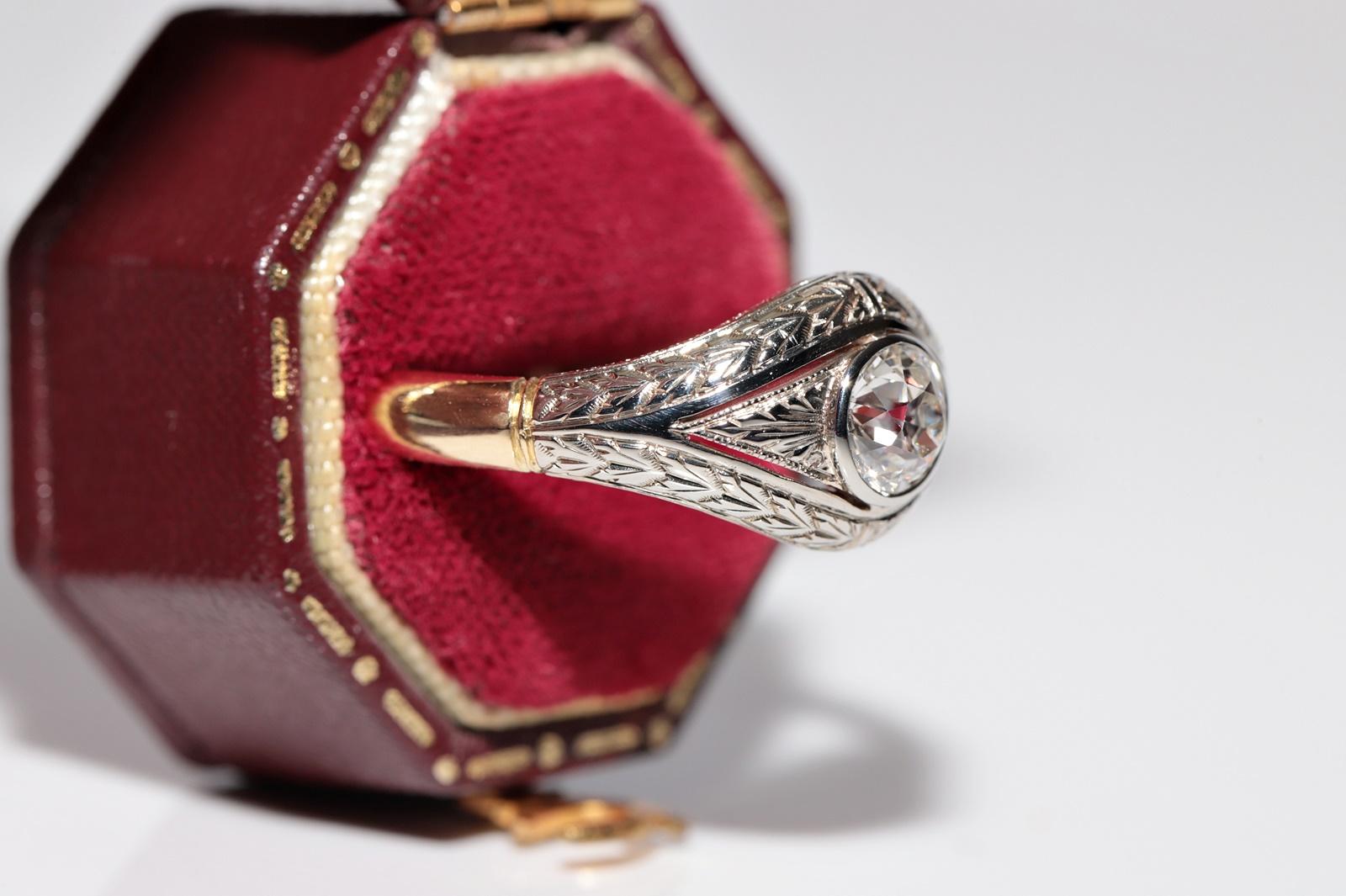 Donna Antico anello solitario con diamante naturale decorato in oro 18k, CIRCA 1920, Art Decor in vendita