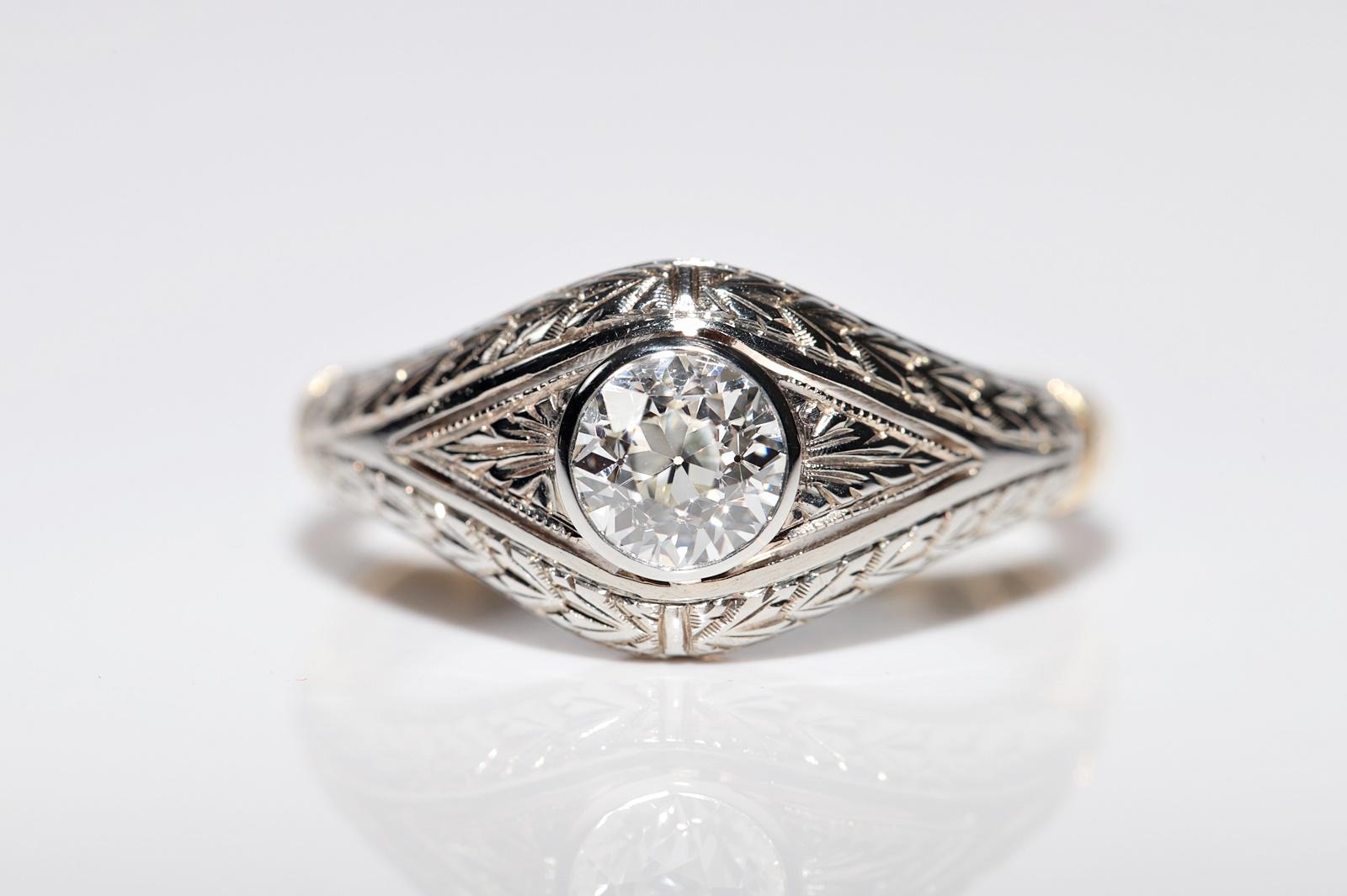 Antico anello solitario con diamante naturale decorato in oro 18k, CIRCA 1920, Art Decor in vendita 1
