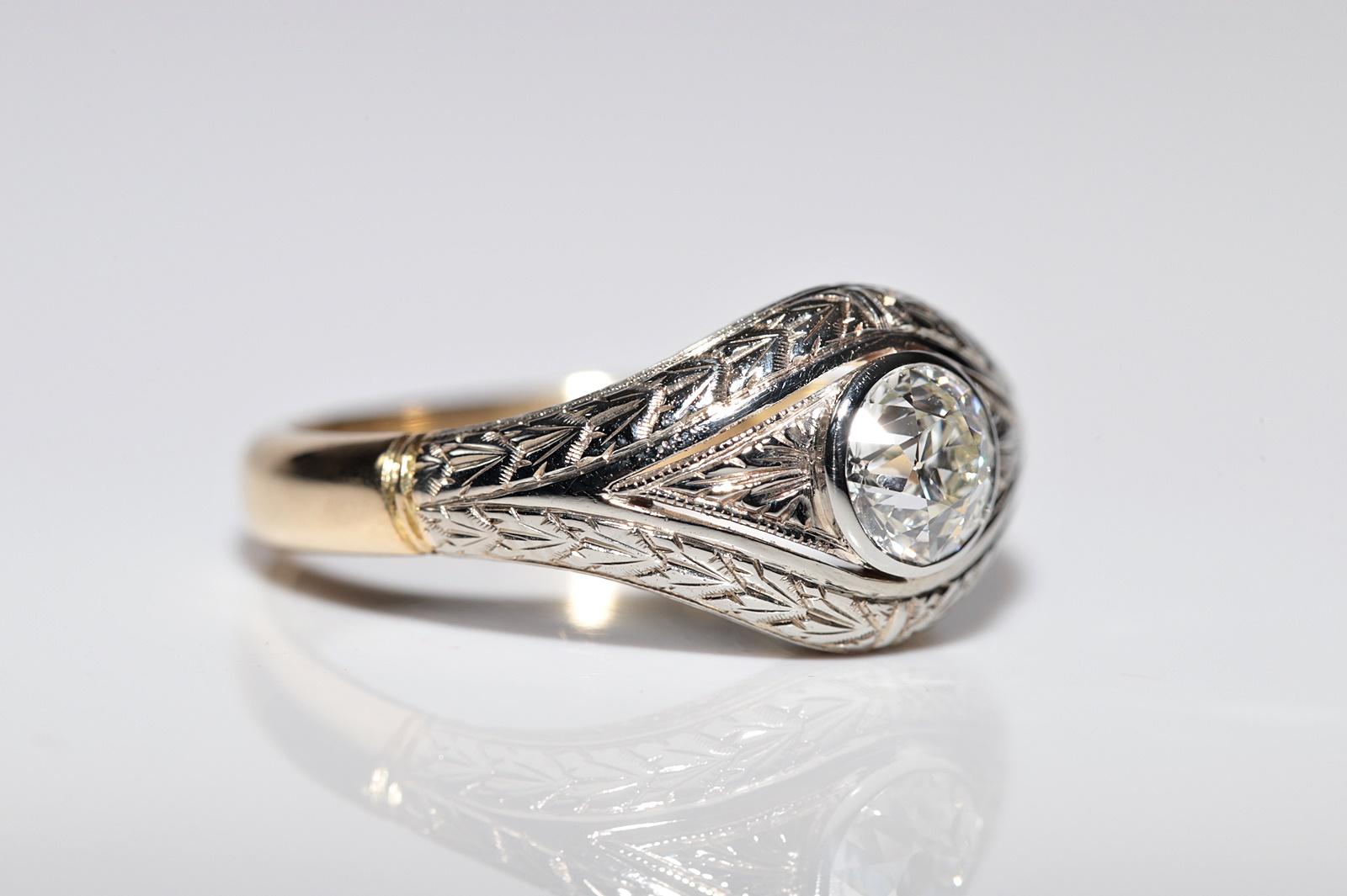 Antico anello solitario con diamante naturale decorato in oro 18k, CIRCA 1920, Art Decor in vendita 2